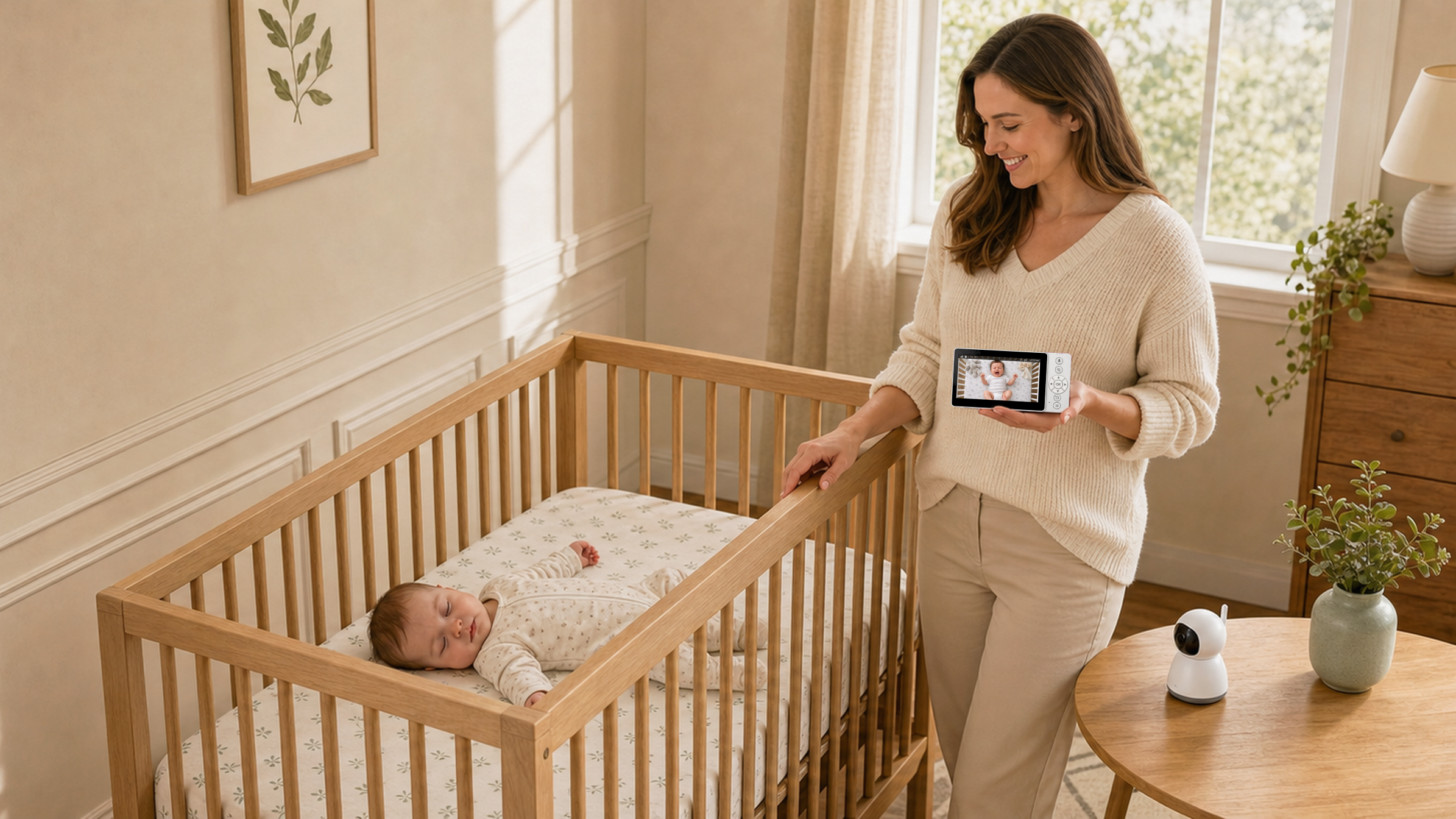 A parent standing beside a crib with a ChrisCare baby monitor nearby