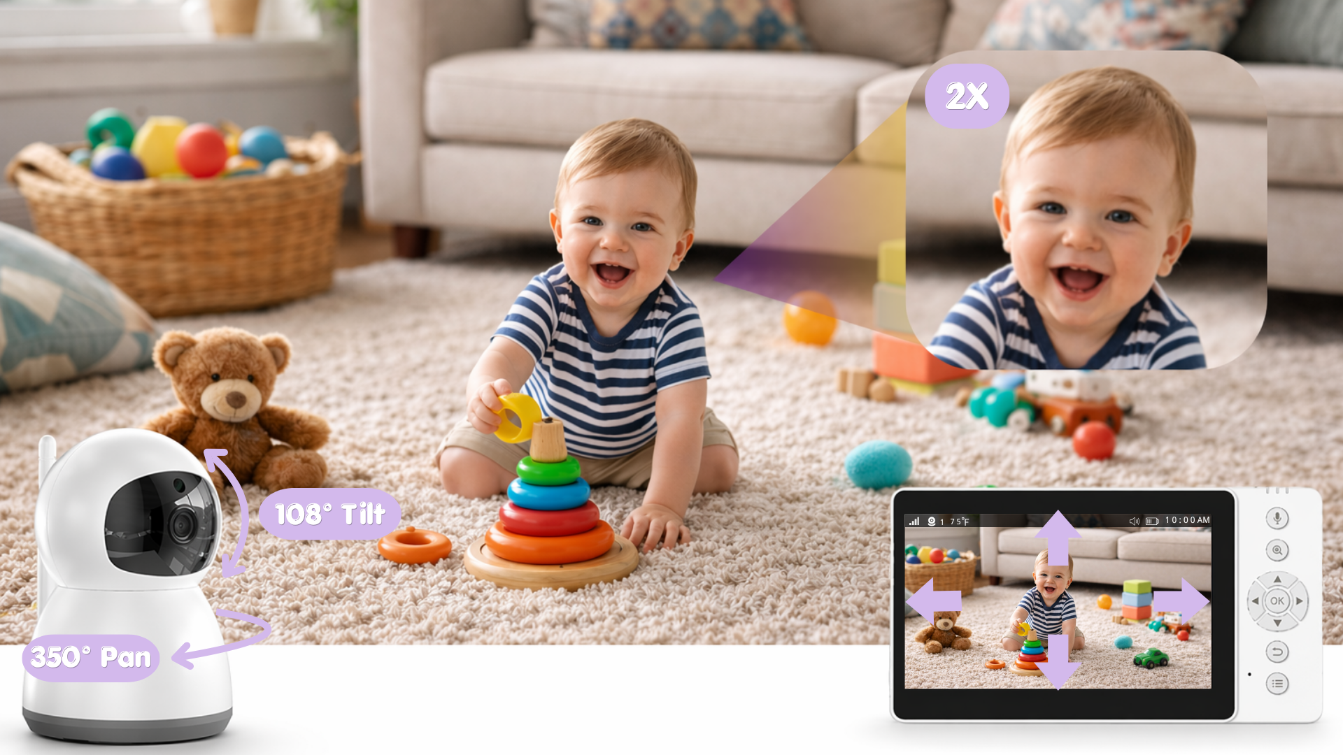 A baby monitor showing 720P view with zoom and pan tilt range