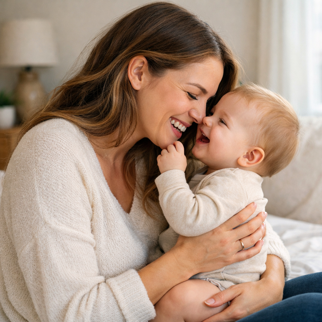 A parent holding a baby in a calm nursery setting