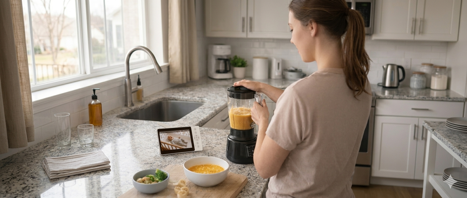 A parent using a baby monitor while preparing food in the kitchen