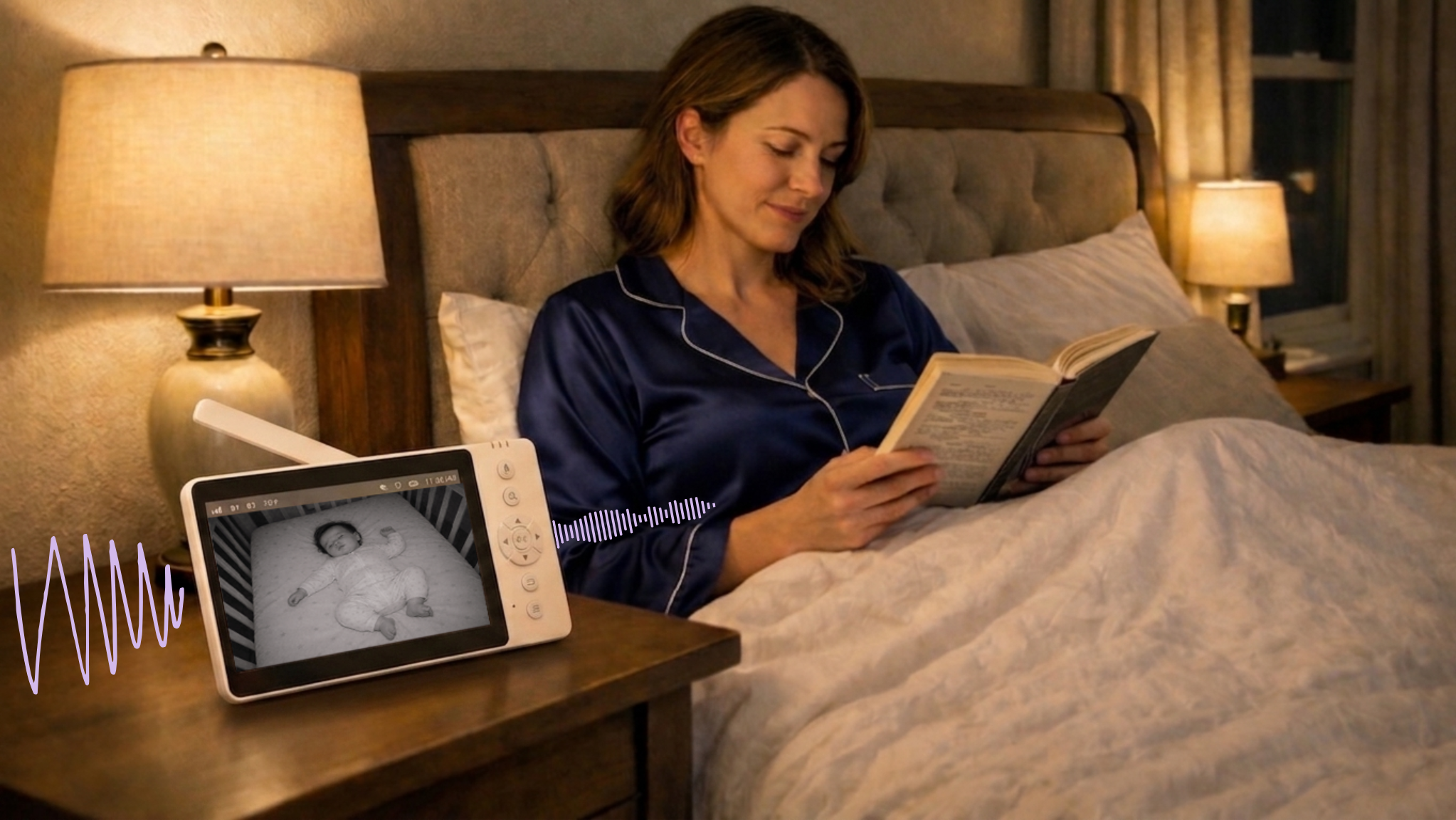 A parent checking the baby monitor at night