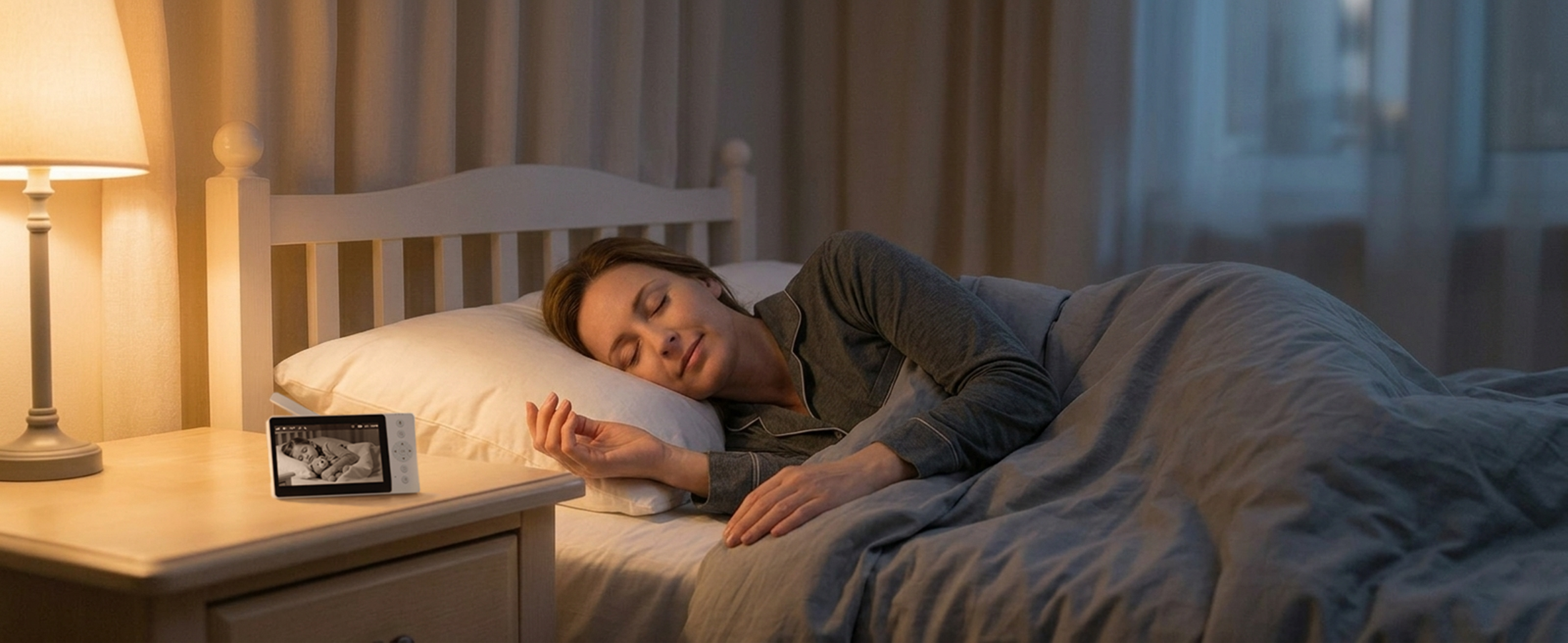A parent resting at night with the baby monitor on the bedside table