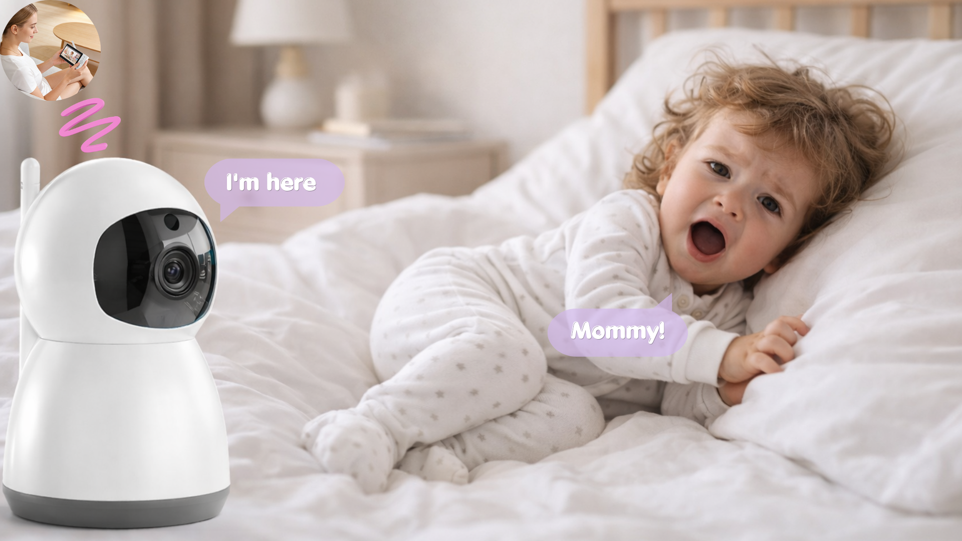 A camera and parent comforting baby with two-way talk