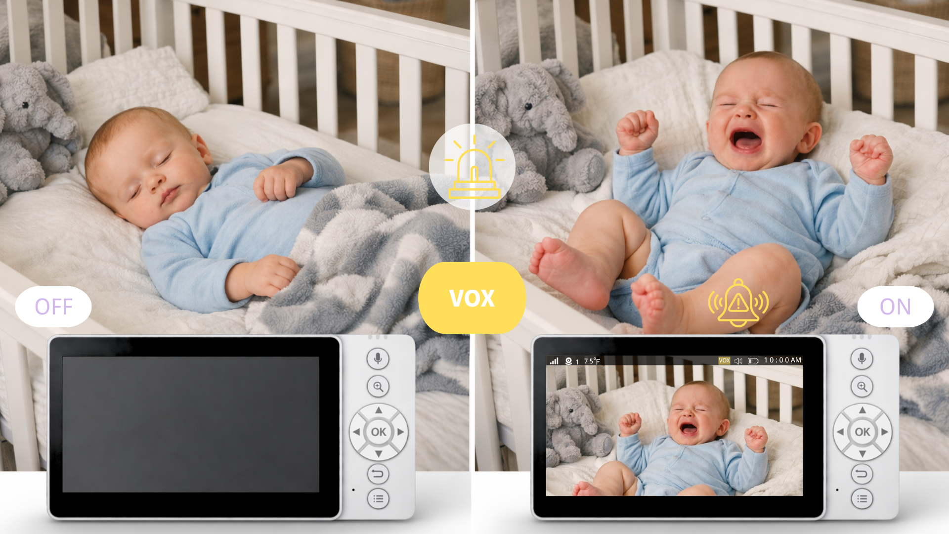 A baby monitor screen waking when baby cries